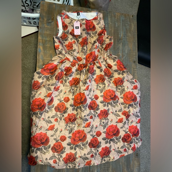 0XL SHEIN Vintage Style Gold with Roses Swing Style Boat Neck Dress - Picture 2 of 5